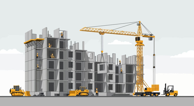 Industrial construction site with towering crane and building structure.