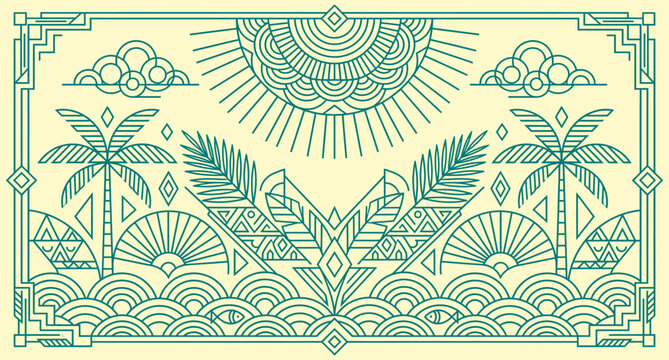 Art Deco Tropical Beach Landscape Geometric Vector Illustration