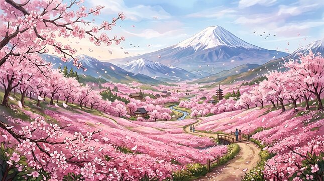 A breathtaking panoramic view of a japanese valley filled with blooming cherry blossom trees and vibrant pink flowers under a soft morning sky