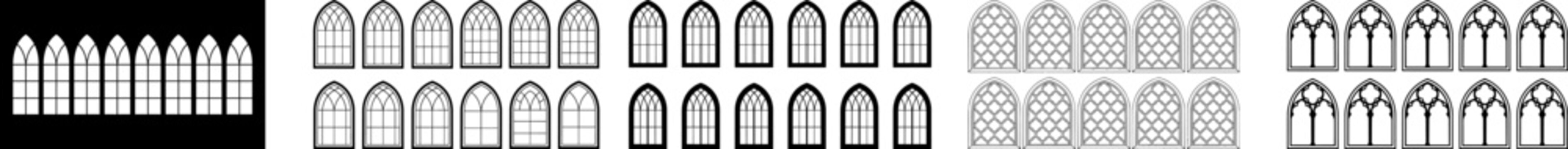 Gothic window vector icons set, medieval arched window frames for architectural design, 55 black and white cathedral window silhouettes