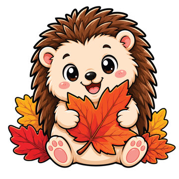 Cute hedgehog holding autumn leaf cartoon vector illustration isolated on white background for fall season decorations and woodland children's designs