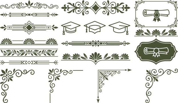 Collection of academic graduation border elements with scrolls mortarboard hats and corners.