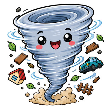 Cute tornado whirlwind cartoon vector illustration isolated on white background for weather education, storm safety awareness and climate themed designs