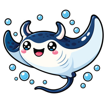 Cute smiling manta ray cartoon vector illustration isolated on white background for marine wildlife education, ocean conservation and aquatic children's designs