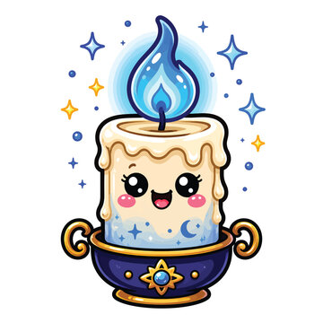 Cute magical blue flame candle cartoon mascot vector illustration isolated on white background for fantasy, spiritual, mystical and decorative designs