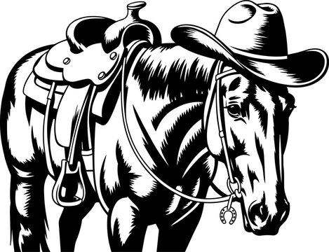 Vintage cowboy horse vector illustration, western stallion with saddle and hat, black and white woodcut style equine art for ranch branding