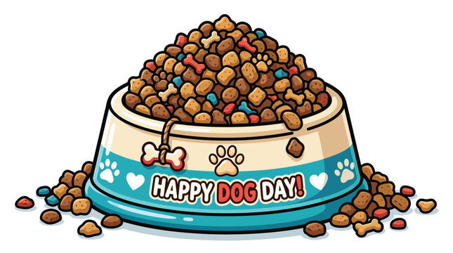 Happy Dog Day pet food bowl cartoon vector illustration isolated on white background with kibble for canine celebration and pet care branding