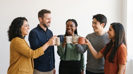 Obraz premium Diverse group of friends or colleagues celebrating with coffee mugs in a bright, modern setting