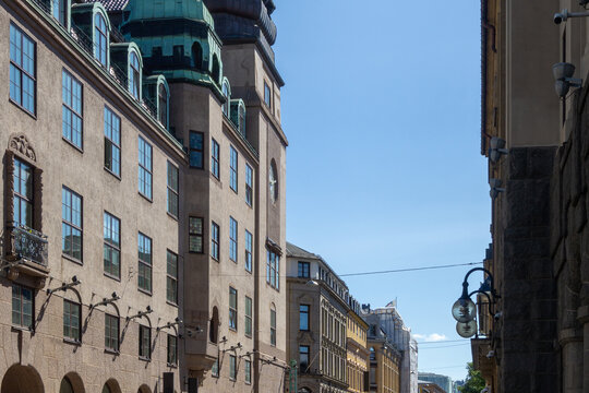 Oslo city architecture street view with blue sky