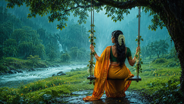 Happy hariyali teej indian woman enjoying monsoon rain on riverside swing celebrates kajari teej amid green forest hills flowing water and flowers