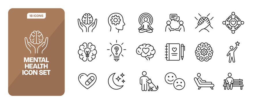 Mental health line icon set featuring brain, meditation, journaling, therapy couch, healing heart, and support group icons