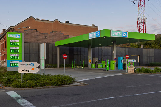 Liege, Belgium - 24 July 2026: DATS 24 gas station showing current fuel prices for Diesel, Euro 95, Super 98, and CNG on a digital display board during the morning.