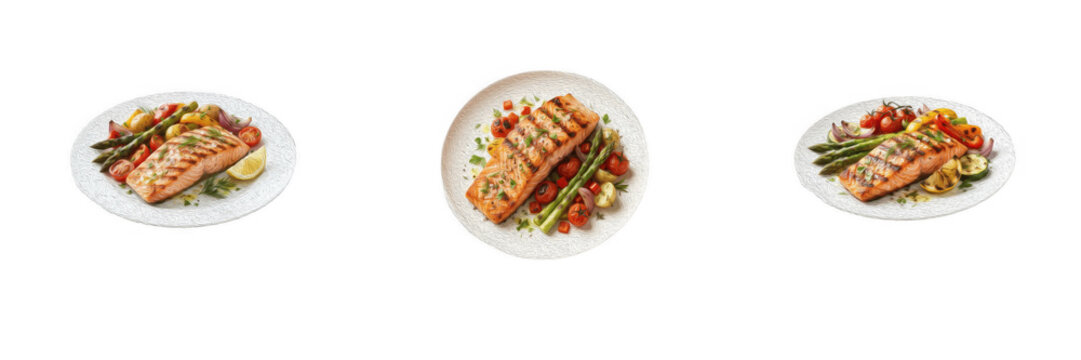 Grilled Salmon Fillet PNG Collection: Isolated High-Resolution Healthy Seafood Dinner Plates with Roasted Asparagus and Vegetables Set for Culinary and Diet Design