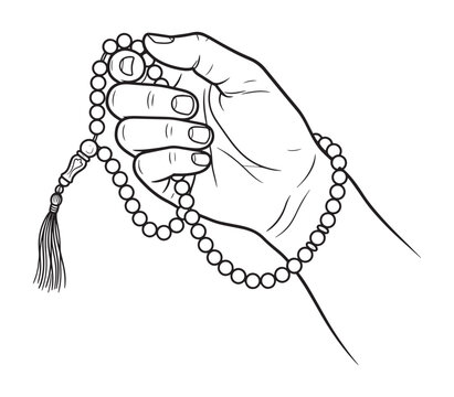 Hand holding rosary beads with ornate tassel isolated on white background stock illustration.
