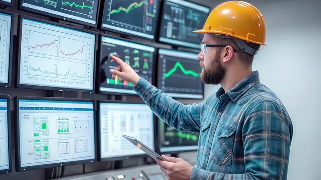 Engineer monitoring industrial data on digital tablet in control room. Professional technician analyzing performance charts on multiple screens. Panning shot.