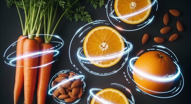 Healthy Carrots, Oranges, and Almonds Illustrated with Glowing Data Lines and Energy Spirals on a Dark Background for Nutrition Science.