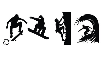 Set of extreme sports silhouettes featuring a skateboarder, a snowboarder, a rock climber, and a surfer on a wave on white background © Badhan