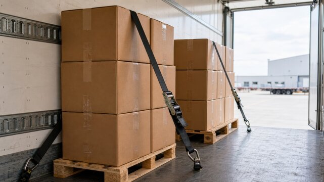 Packages being secured inside a delivery truck at a shipping facility during daylight hours