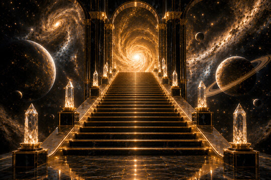 Cosmic Infinity Stairs Leading to a Glowing Celestial Portal in Luxury Space Architecture