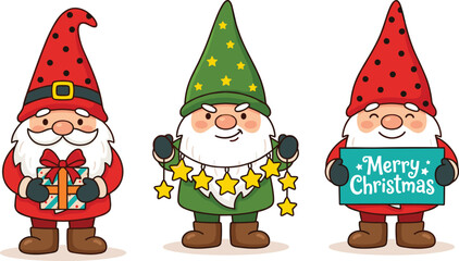 Fototapeta premium Cute Christmas gnome character vector set holding gift, star garland, and festive greeting sign isolated on white background