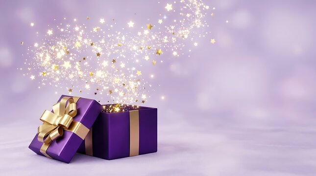 A purple gift box with a golden ribbon open with magical sparkling lights floating out against a soft pastel purple background for celebration