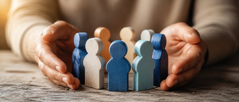 Hands surrounding blue and white wooden people figures on a rustic table