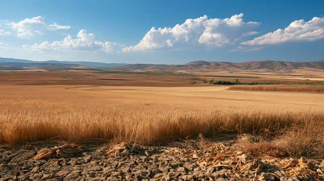 Golden wheat field showing dry cracked earth and harvested stubble under a blue sky, concept of drought and harvest