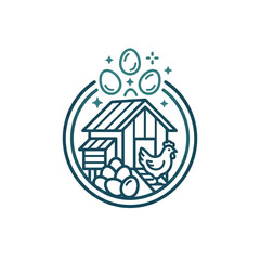 Chicken coop featuring a hen and a collection of fresh eggs arranged inside a circular badge design. © Fino