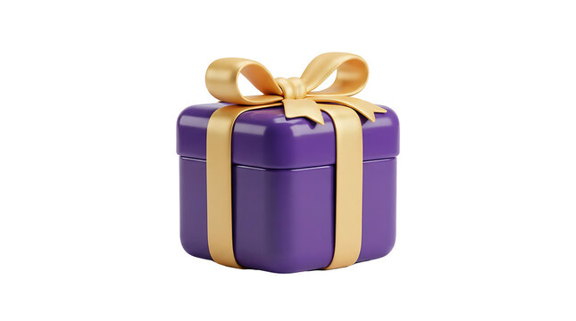 A3d rendered purple gift box tied with a shiny gold ribbon and bow isolated on a white background, for holidays, celebrations, and special occasion concepts