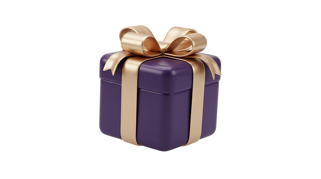 A3d rendered purple gift box tied with a shiny gold ribbon and bow isolated on a white background, for holidays, celebrations, and special occasion concepts