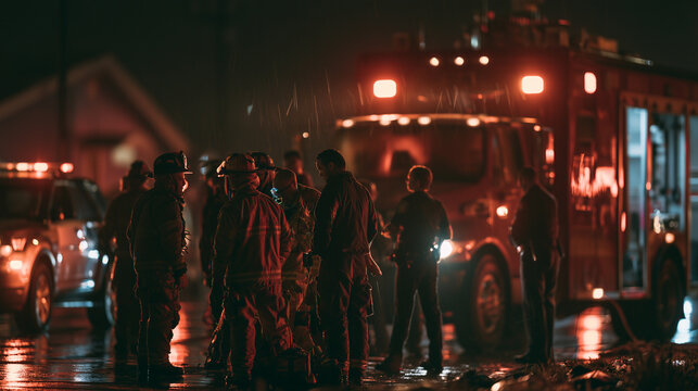 Emergency responders coordinating operations during a citywide incident at night with rain