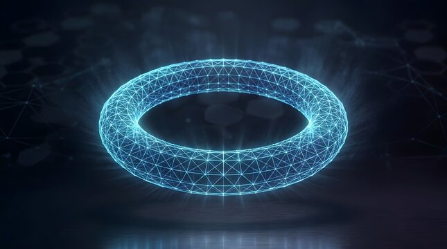 Abstract glowing blue wireframe torus ring floating in dark space