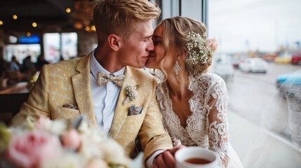Fototapeta premium A Romantic Wedding Moment A Couple Cherishing a Sweet Kiss Beneath the Beautiful Decorations and Flowers