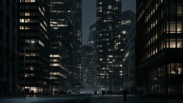 Financial district skyscrapers illuminating the urban night scene, busy city life and late working hours