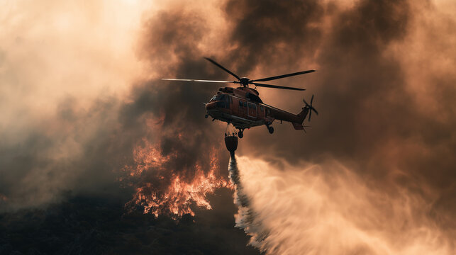 Firefighting helicopter dropping water on a massive wildfire, battling flames and thick smoke during the emergency