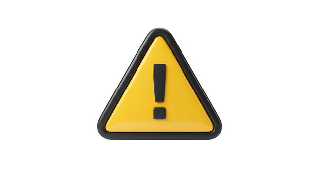 A3d rendered yellow triangular warning sign with a thick black border and a black exclamation mark, isolated on a white background, representing hazard or safety alert