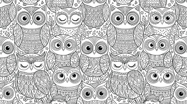 Intricate hand drawn owl seamless pattern featuring ornamental zentangle birds, detailed feathers and monochrome coloring book vector illustration