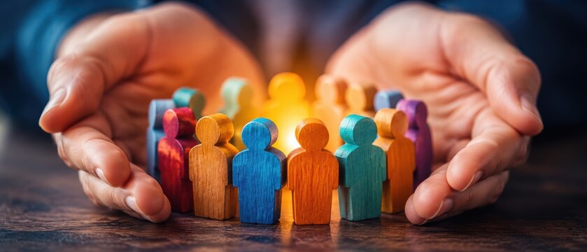 Close-up of hands surrounding colorful wooden people figures, representing community support, protection and teamwork