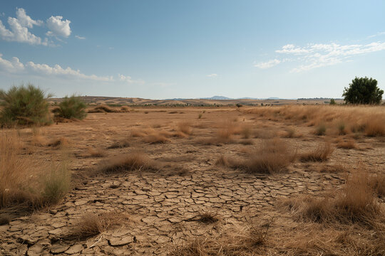 Severe drought causing cracked earth and parched landscape under a clear sky, symbolizing climate change