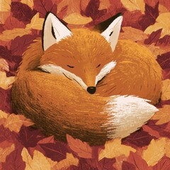 Fototapeta premium A fox lies curled up in a bed of colorful autumn leaves, surrounded by a vibrant autumn palette in a storybook style.