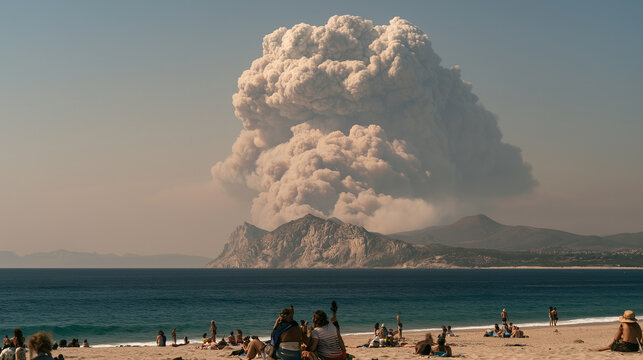Beachgoers relaxing while giant smoke plume from wildfire rises over mountains, climate change impact