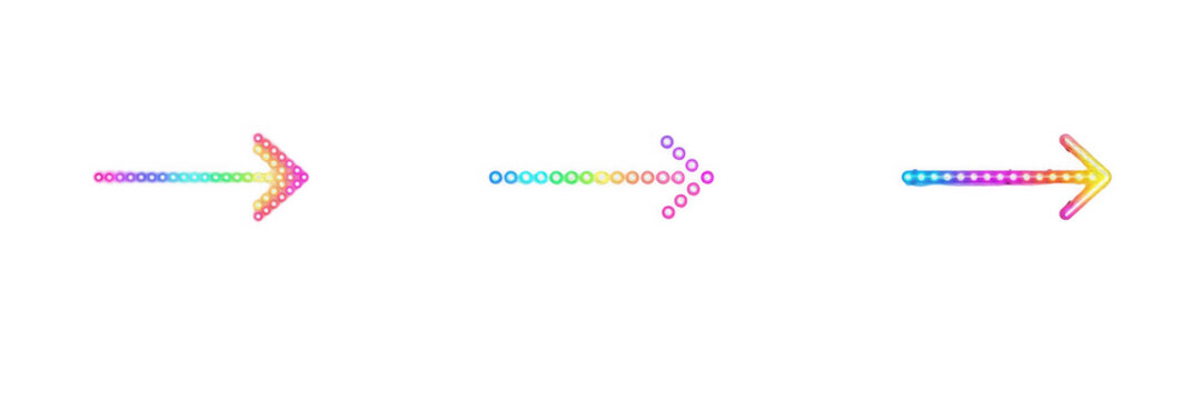 Rainbow colored dot arrows and pointer symbols isolated on white background, colorful gradient direction indicators and UI PNG graphic element for digital design projects