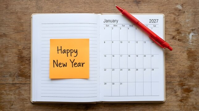 A bright orange sticky note with "Happy New Year" written on it is placed on an open diary page next to a red pen and a calendar page for January 2027.