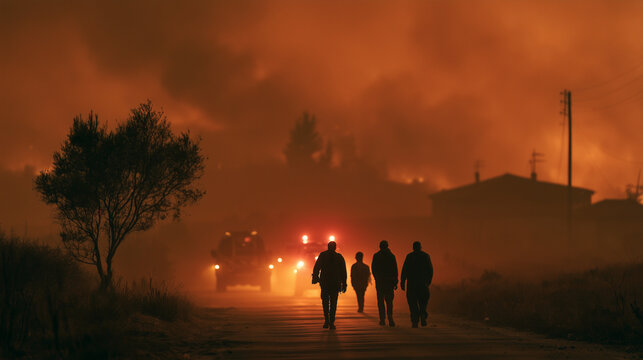 People fleeing a village shrouded in heavy smoke and orange wildfire glow, while emergency vehicle lights approach
