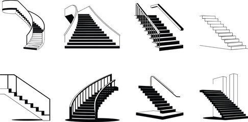 Staircase architecture icon collection featuring spiral steps wooden handrails concrete stairways modern perspective ladders and interior construction vectors © mdtanjimul
