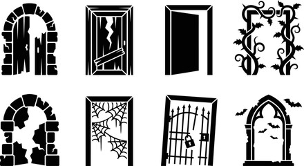Fototapeta premium Black Gothic Haunted Doorway Gate and Portal Silhouette Vector Collection