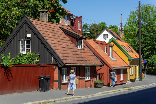 Damstredet historic street with colorful wooden houses in Oslo