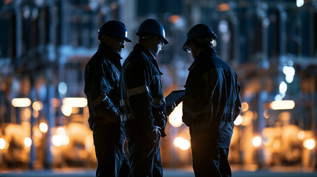 Security personnel discussing industrial plant inspection with tablet at night, team collaborating on site operations