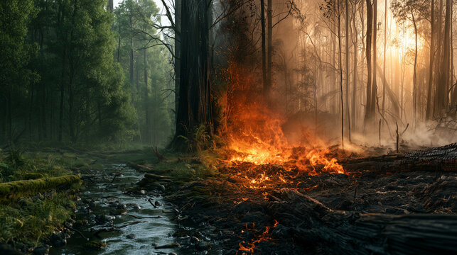 Forest ecosystem split with vibrant green trees and burning charred landscape demonstrating climate change impact