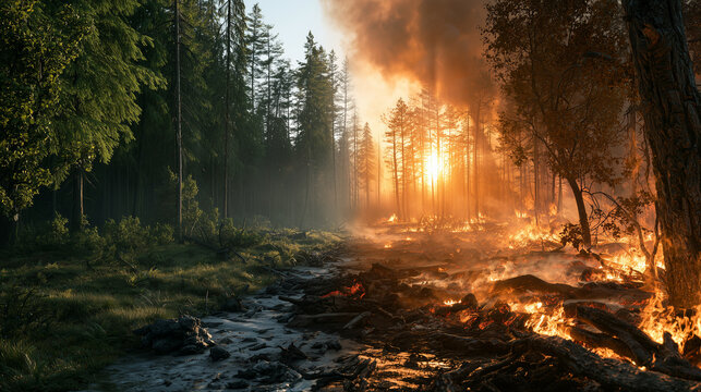 Forest fire actively burning, contrasting lush green forest with devastating flames, emphasizing climate change and ecological crisis